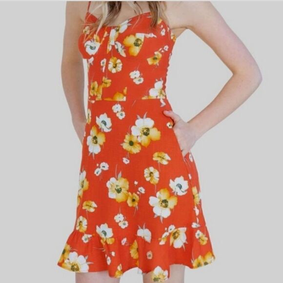 Speechless Fire Burnt Orange Floral Sleeveless  Linen Blend Spring Dress-Small - Picture 3 of 14